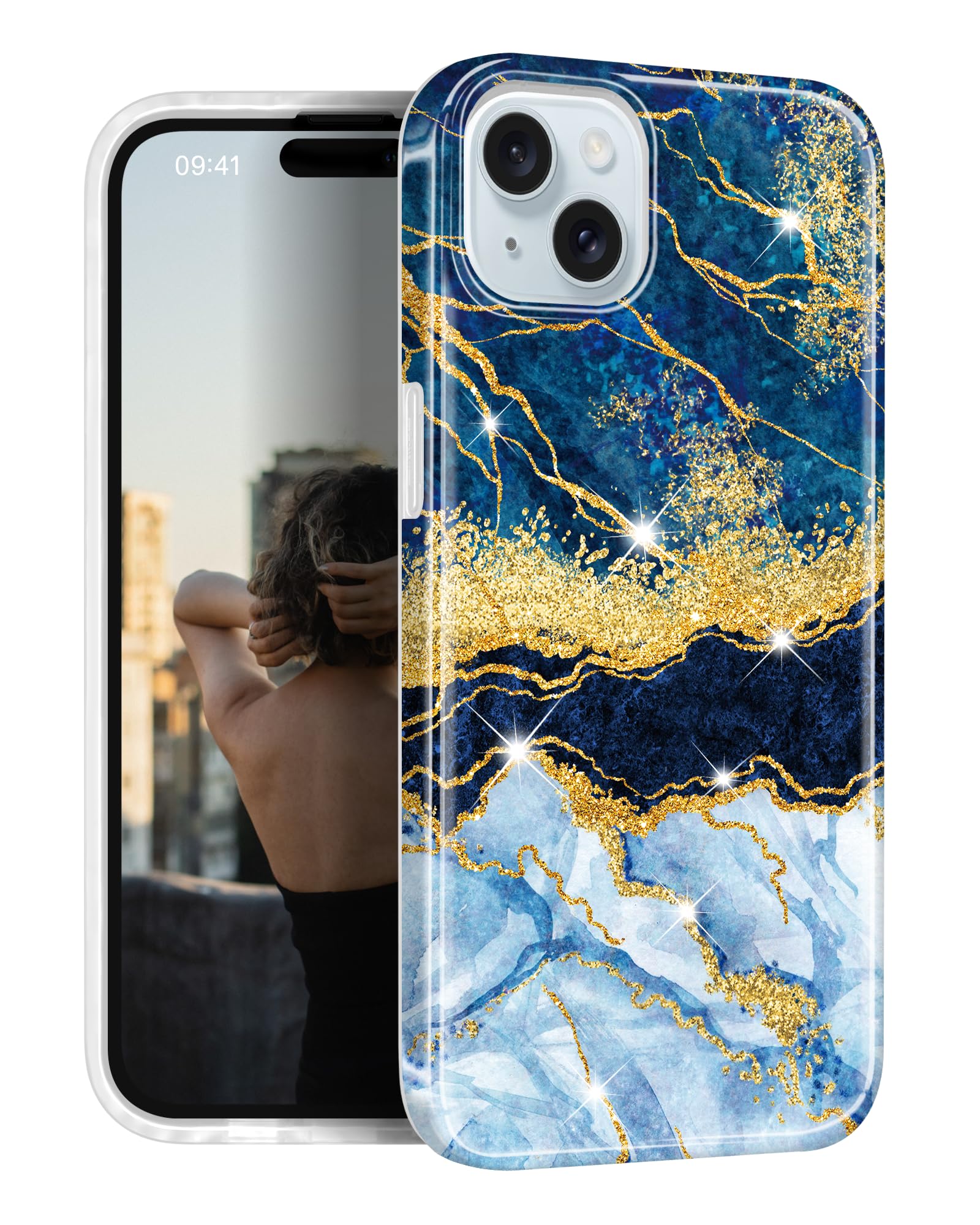 JIAXIUFEN Compatible with iPhone 15 Plus Case Gold Sparkle Glitter Marble Design Shockproof Protective Slim Soft TPU Silicone Cover Phone Case 6.7" 2023 Dark Blue