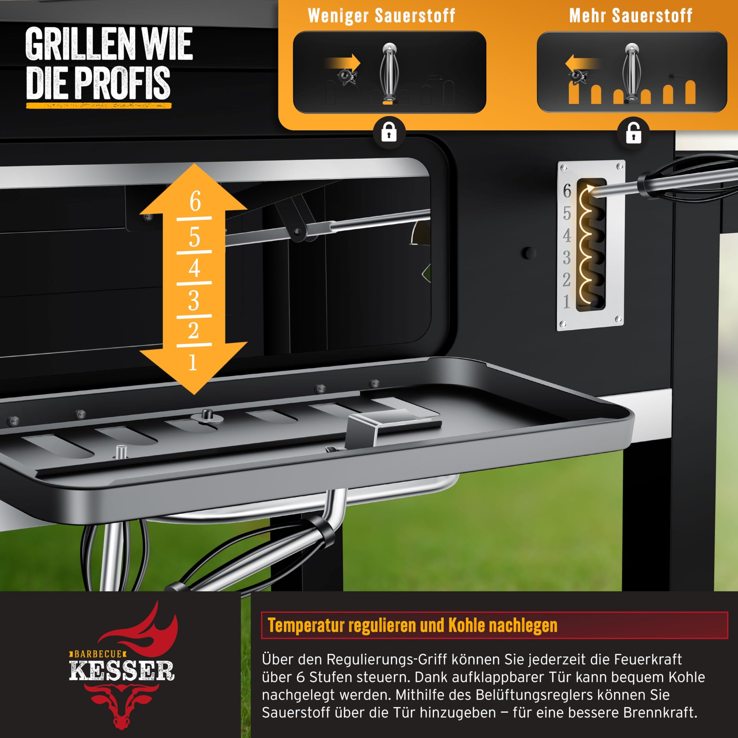 KESSER® Grillwagen BBQ Smoker XXL Holzkohlegrill mit Deckel, Rädern, Edelstahl-Griff, Thermometer, Grillrost, Bürste, Abdeckhaube & Silikon-Pinsel, Standgrill, Kohlegrillwagen 5
