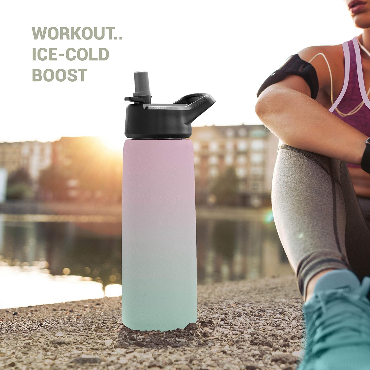 Triple-Insulated Stainless Steel Water Bottle with Straw Lid - Flip-Top Lid - Wide-Mouth Cap (25 oz) Insulated Water Bottles, Keeps Hot and Cold - Great for Hiking & Biking (Dreamy Pink-Green) : Sports & Outdoors