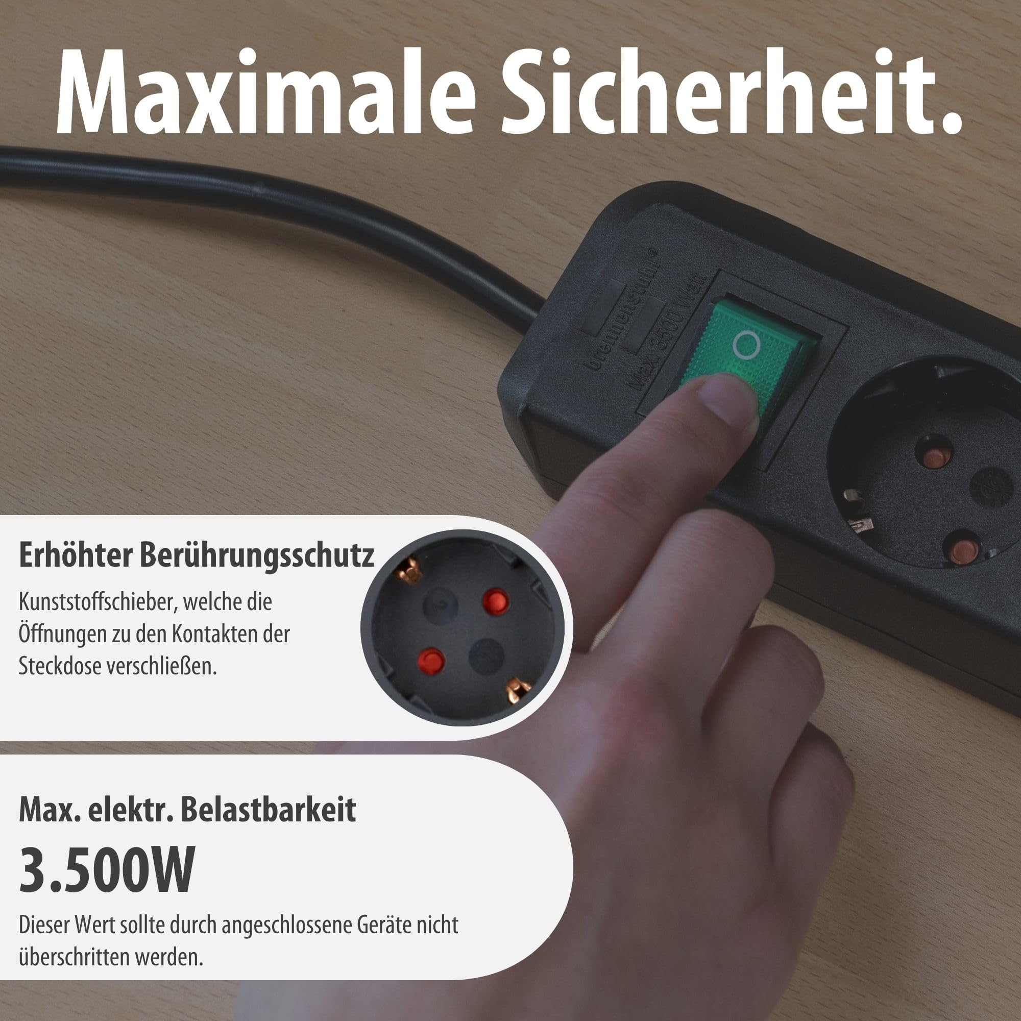 Brennenstuhl Eco-Line, Steckdosenleiste 3-Fach (Mehrfachsteckdose mit erhöhtem Berührungsschutz, Schalter und 1,5m Kabel) schwarz 5
