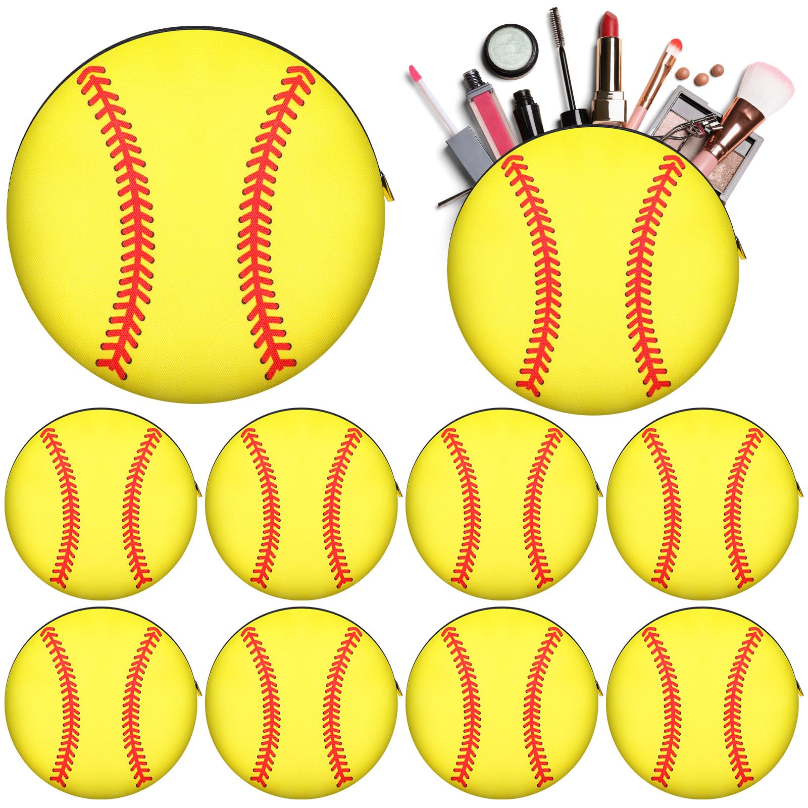 Photo 1 of Chuarry 10 Pcs Softball Team Makeup Bags Gifts for Girls Softball Cosmetic Bags Bulk 7.87 Inch Round Sport Portable Makeup Pouch 