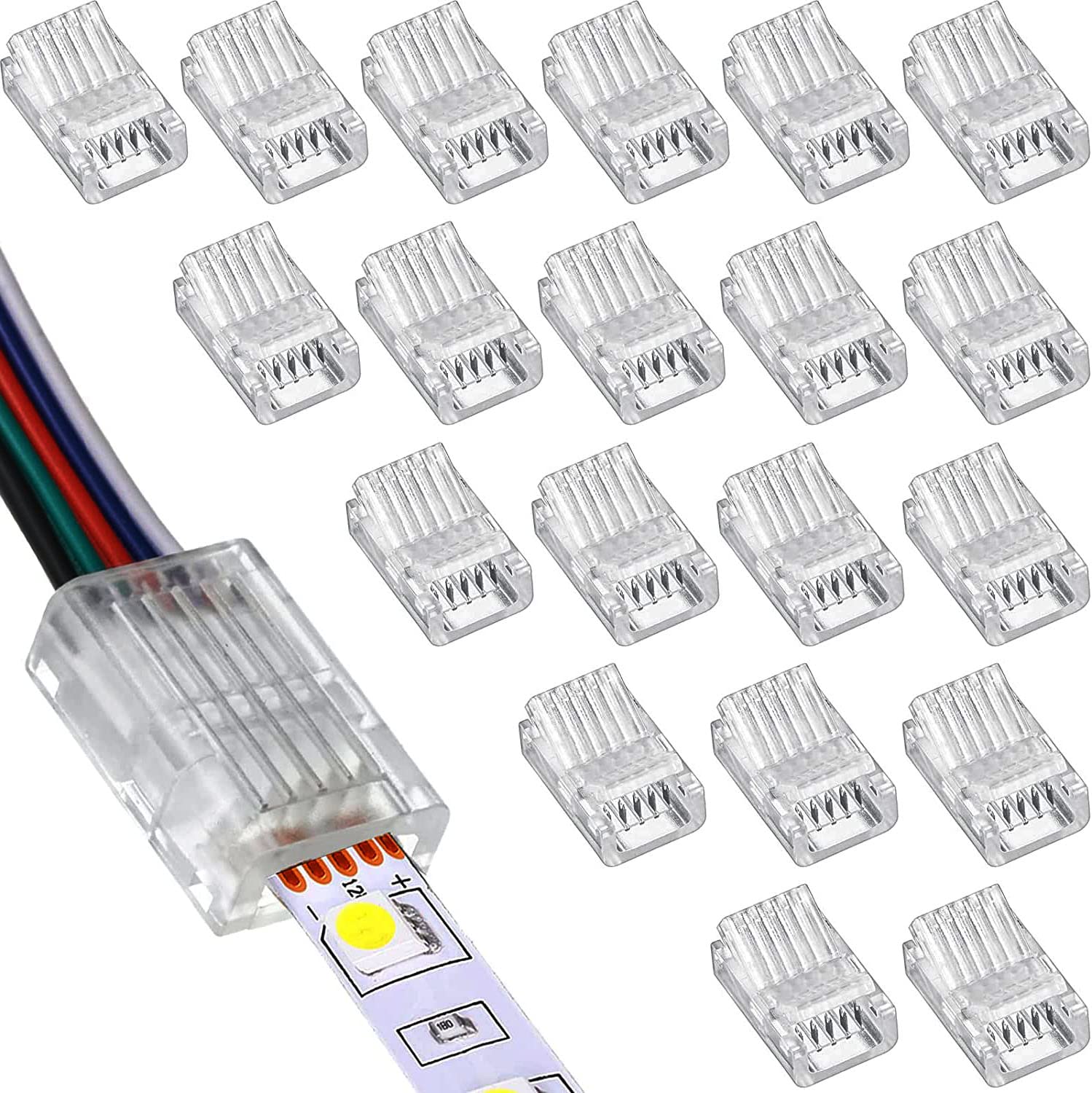 RUNCCI-YUN Pack of 20 LED connector 5 pin 10mm,Solderless,5 Pin LED Strip Light Connectors,Gapless Connector, for 0-36V 5A Waterproof or Non-Waterproof 5050 LED RGBW Strip Light