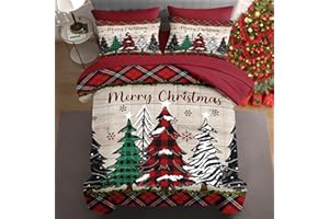 WeCozy 7 Pcs Queen Size Christmas Comforter Set with 2 Pillowcases & 2 Shams, Black Red Plaid Bedding for Kids and Adults, Retro Colorful Pine Tree Bed in a Bag with Flat Fitted Sheet
