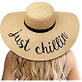 DRESHOW Big Straw Sun Hats for Women Floppy Foldable Roll up Beach Cap Sun Hat UPF 50+ Vacation Honeymoon Embroidered Hat