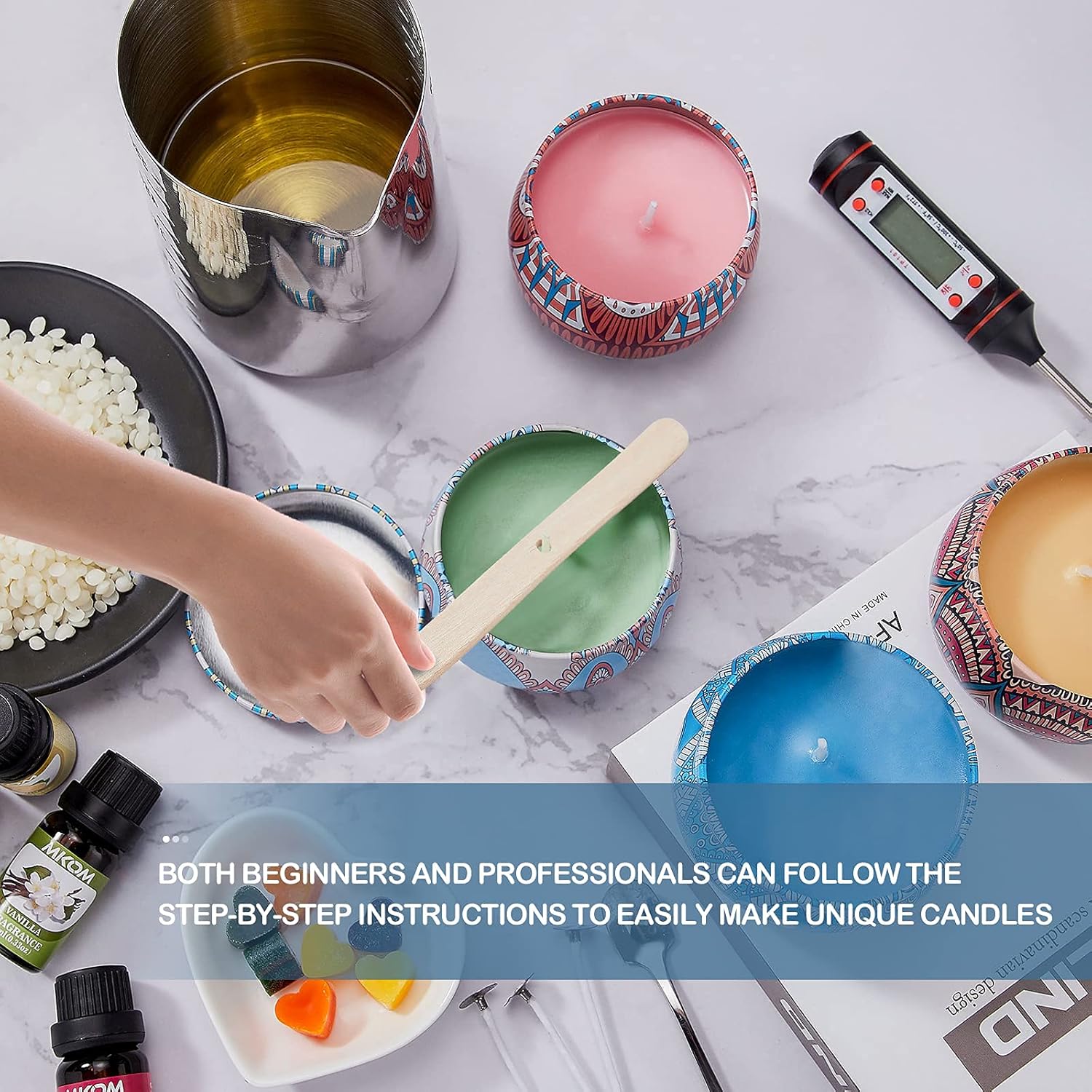 Candle Making Kit, DIY Scented Candle Making Kit, Candle Making Supplies Set Including Melting Pot, Beeswax, Dyes, 4 Scents, Wicks, 8 Candle Tins