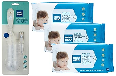 Mee Mee Bottle and Nipple Cleaning Brush (White) & Caring Baby Wet Wipes with Lemon Fragrance (72 pcs/Pack) (Pack of 3) Combo