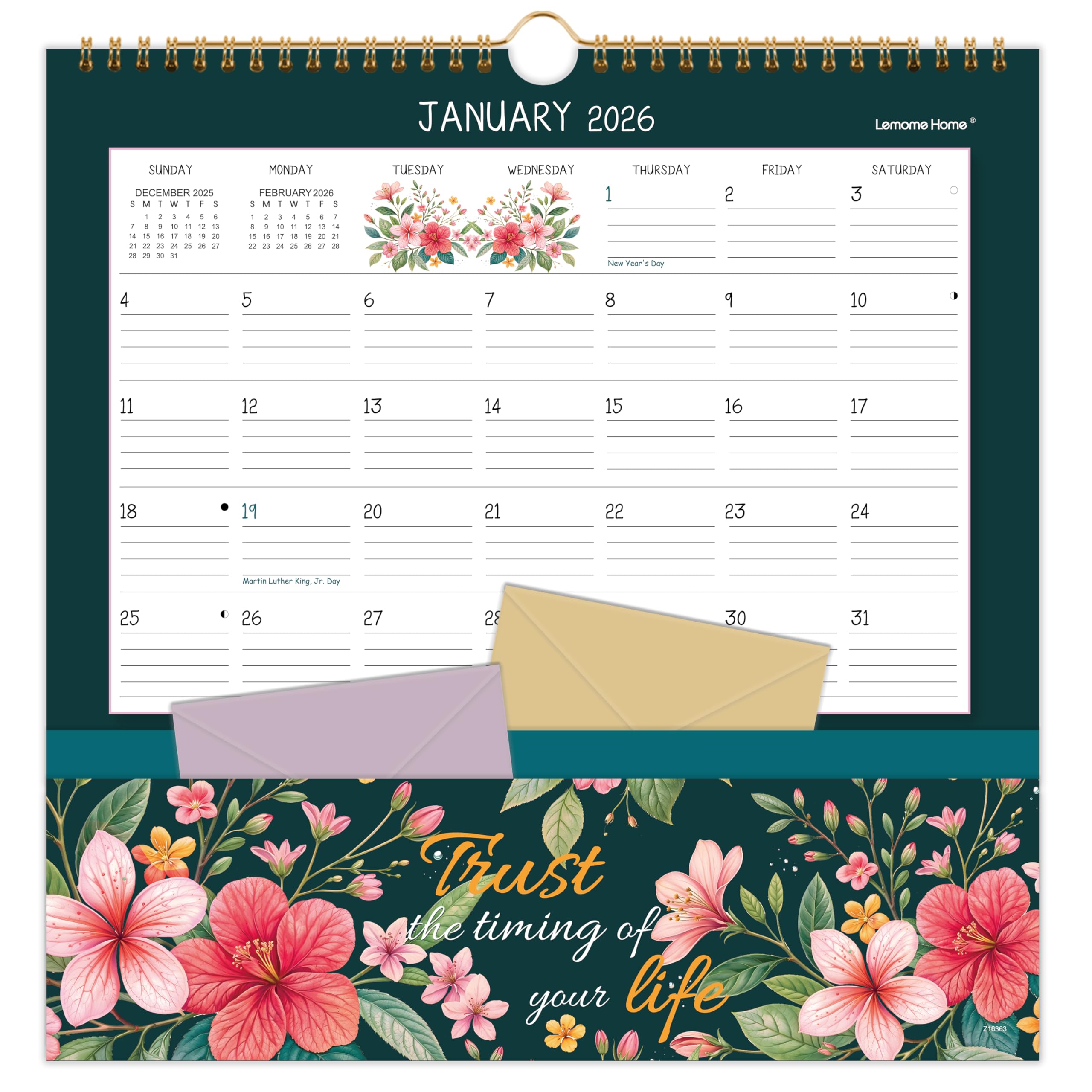 Photo 1 of 2026 Wall Calendar - 2026 Pocket Calendar, 11.7" x 11.7", 2026 Calendar with Pockets, Jan. 2026 - Dec. 2026, 2026 Wall Calendar 12 Month with One Pockets, Calendars for Office School Home, Golden Twin Wire Binding, Premium Paper - 12 Different Floral