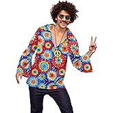 Mainfini 5 Pcs Men Hippie 70s Costume Retro Disco Outfit Floral Shirt With Wig Beard Glasses Necklace (S-2XL)