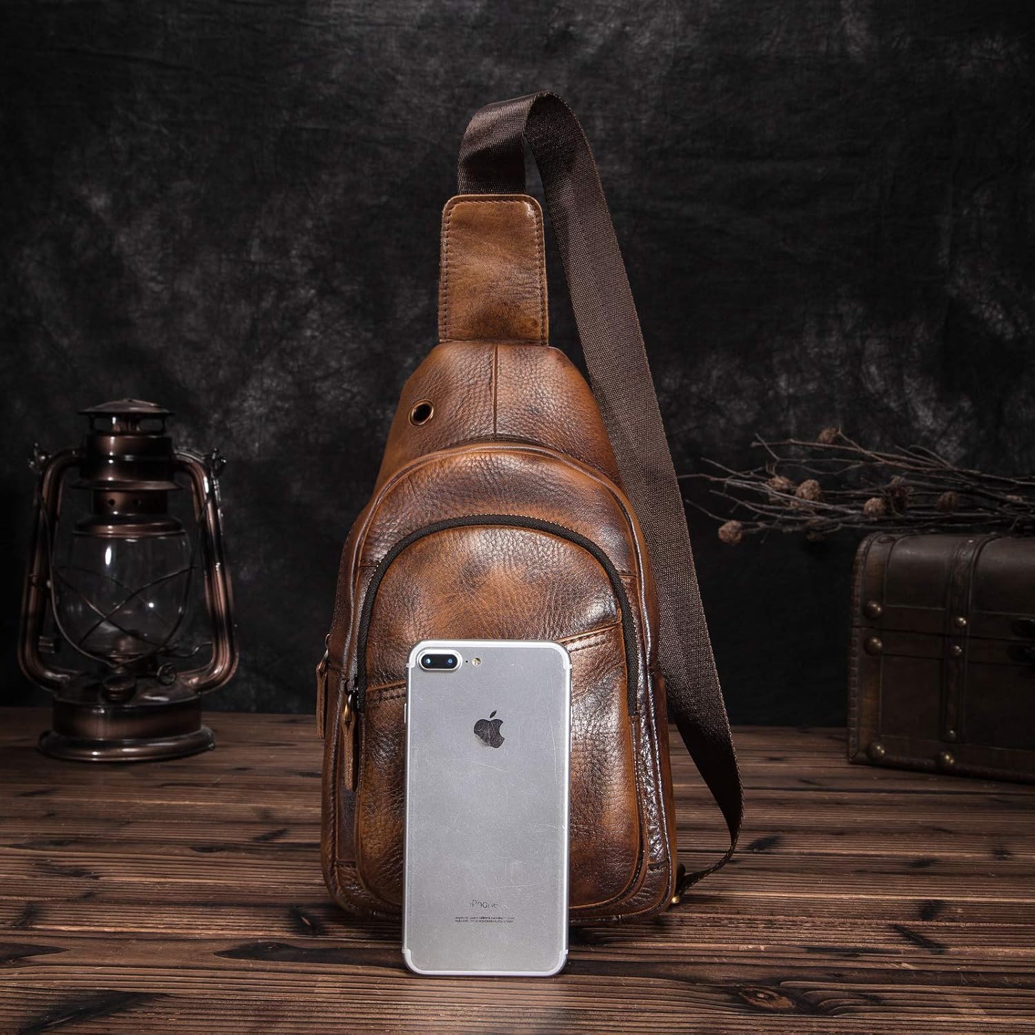 Le'aokuu Mens Outdoor Casual Tea Travel Hiking Crossbody Chest Sling Bag Rig One Shoulder Strap Bag Backpack Men Leather 008 (008 Gold) - Image 3