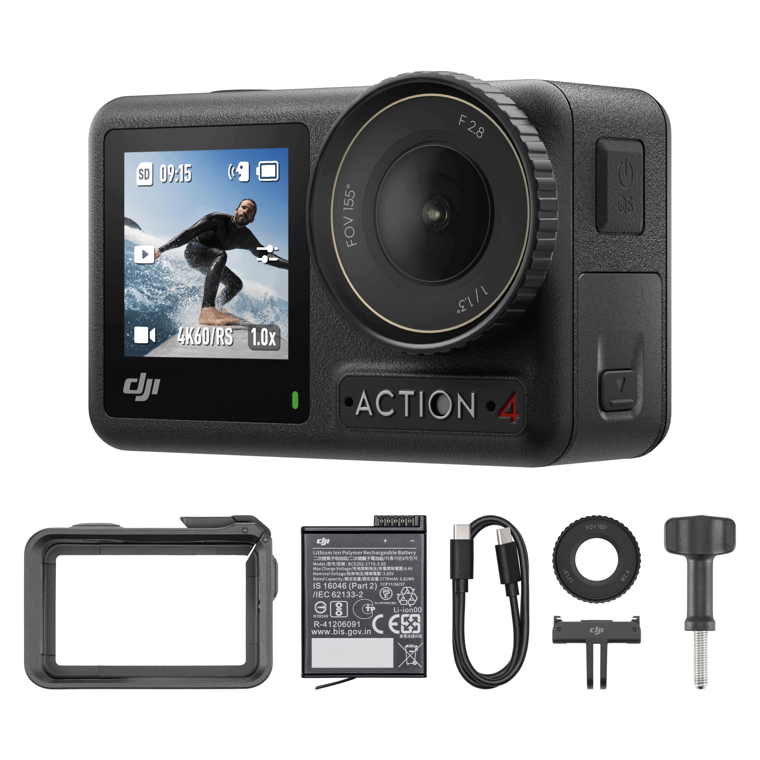 Bundle DJI Osmo Action 4 Essentiel - Caméra d’Action étanche 4K/120 IPS avec capteur 1/1,3 Pouce, des Images saisissantes en Basse lumière, des Couleurs D-Log M 10 Bits, Batterie 1 770 mAh prolongée