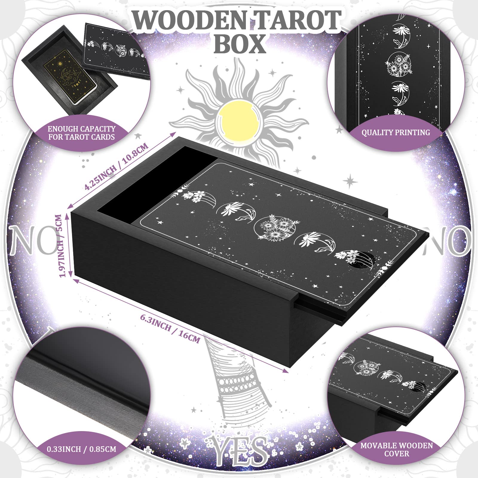 Yulejo Wooden Tarot Card Case and Stand Holder, Cards Box Fortune Telling Trinket Keepsake with Pendulum Board Moon Shape Altar Display for Witch (Novel Style)