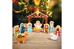 Spiareal 11 Pcs Wooden Nativity Set for Kids Mini People Scene Set Jesus Stable Wood PlaySet Christmas Story Decoration Xmas Holiday Manger for Indoor Outdoor Home Display Tabletop