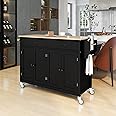 LUMISOL Kitchen Island Cart on Wheels with 2 Drawers and 4 Door Cabinet, Mobile Storage Cart with Solid Wood Top for Kitchen Dinning Room, Black