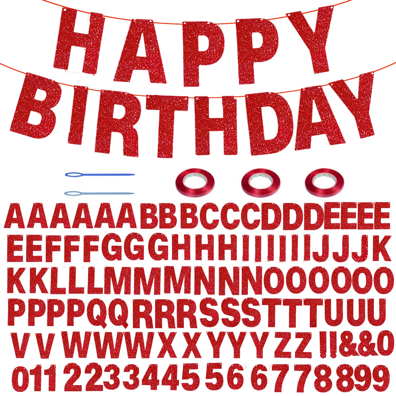 Photo 1 of 116 Pcs DIY Glitter Customizable Banner Kit Custom Banner Including 111 Letters and Numbers 3 Rope and 2 Threading Device for Personalized Decor for Women's Day Birthday (Red)