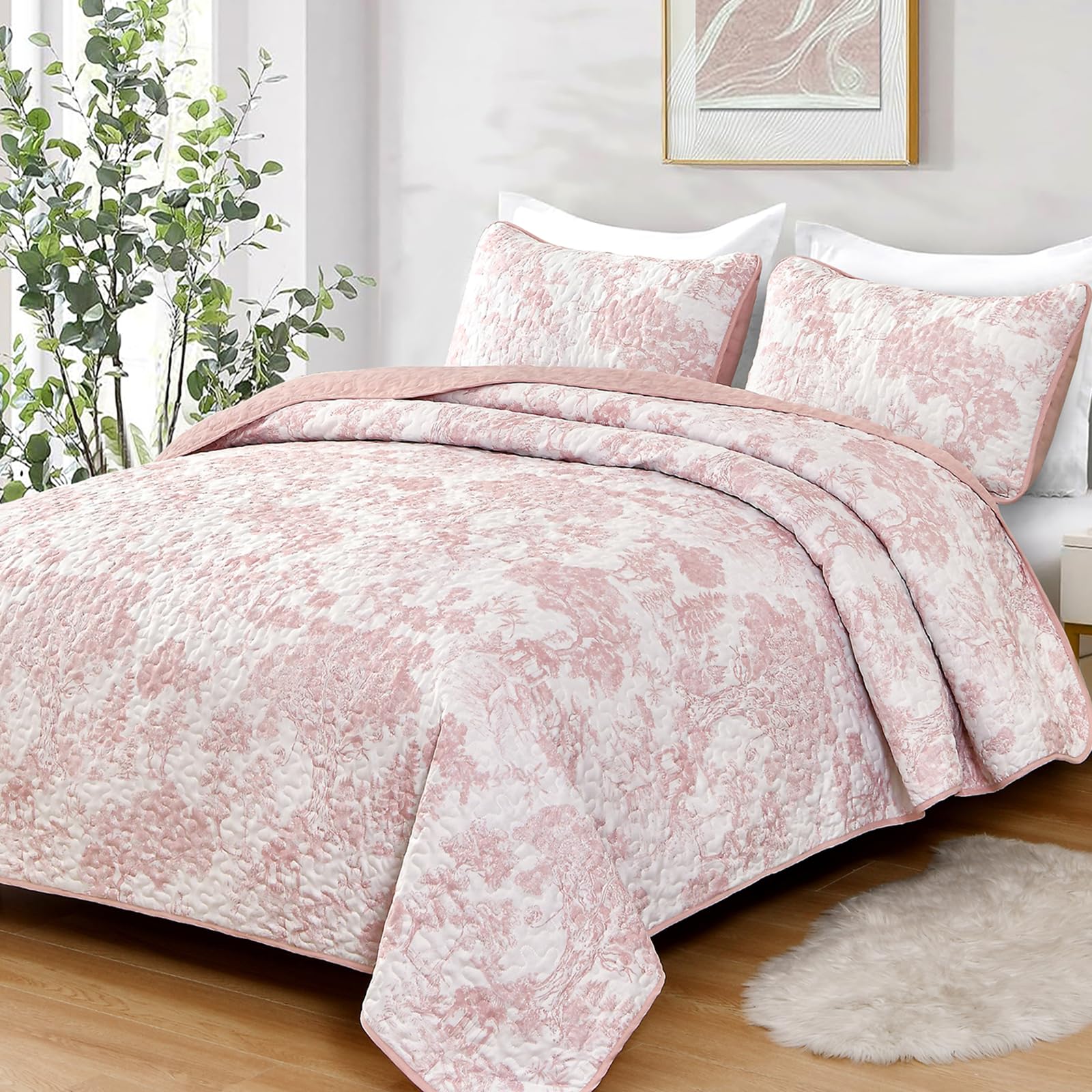 WONGS BEDDING Quilt Set King Size, 3 Pieces Pink Floral Plants Printed Bedspread Coverlet Set Soft Lightweight Microfiber Botanical Bedding Set for All Season (104"x90") Image