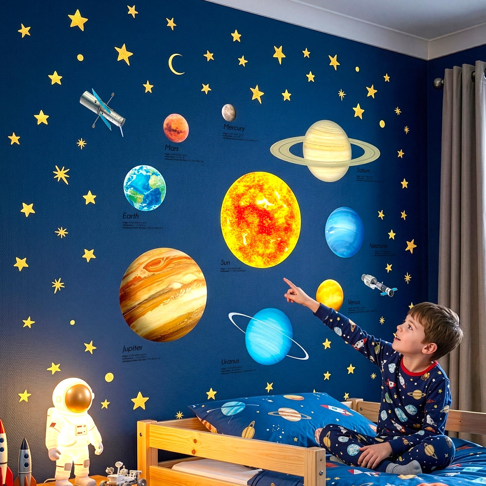 DECOWALL DS9-2007 Solar System Wall Stickers Planets Space Stars Decals Removable for Kids Boys Girls Nursery Bedroom Living Room Art Decor Decoration