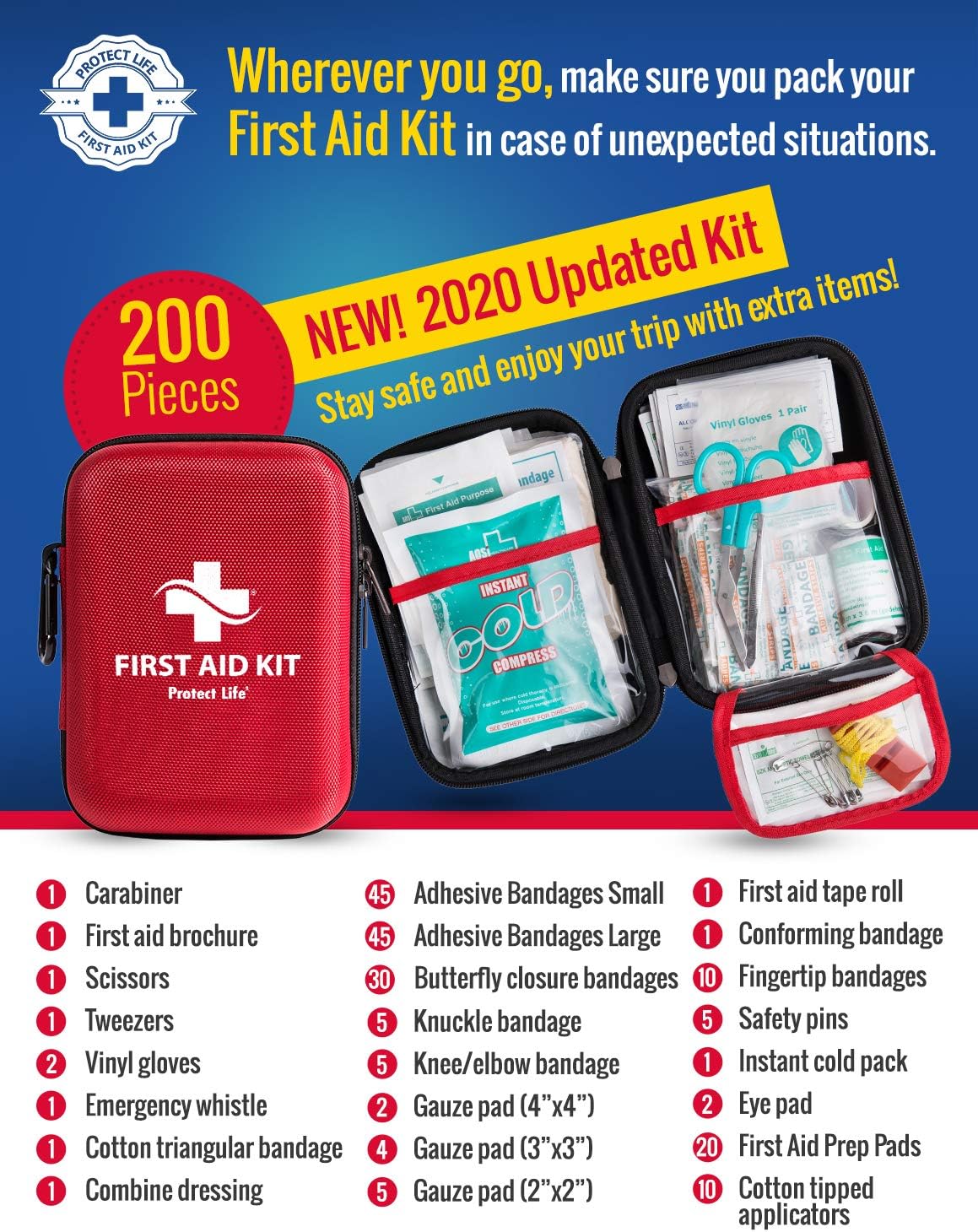First Aid Kit - 200 Piece - for Car, Home, Outdoors, Sports, Camping, Hiking or Office | Red Case Fully Packed with Emergency Supplies: Health & Personal Care