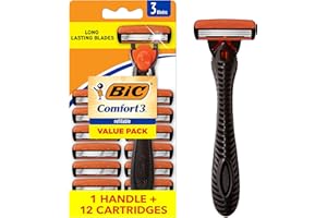BIC Comfort 3 Refillable Three-Blade Razor for Men, Sensitive Skin Razor For a Comfortable Shave, 1 Handle and 12 Cartridges, 13 Piece Razor Set