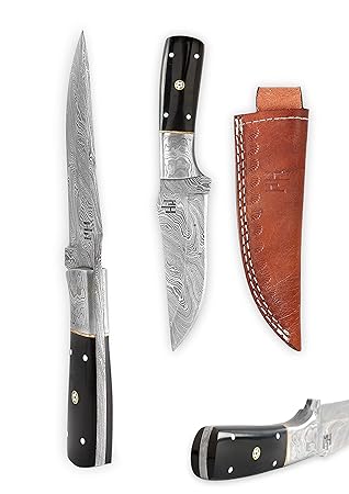 Hobby Hut HH-701, 21.6 cm damast Jagdmesser, feststehende Full Tang Klinge, Extra Scharf,Buffalo Horn Griff,  Scheide aus Led