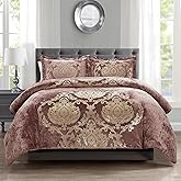 Sunshine Nicole Metallic Print Comforter Set, Distressed Velvet Face with Metallic Foil Print and Brushed Solid Microfiber Reverse, with Light Weight Soft Poly Fill, 3 Pieces Dusty Mauve Gold, Queen