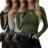 Oakgarden 3 Pack Women's Ribbed Long Sleeve Shirts Cotton Crew Neck Ribbed Tops Ruched Slim Fit Undershirts Casual Basic Tee