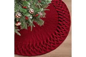 TOCHGREEN Red Knitted Christmas Tree Skirt 48 inches Chunky Cable Knit Thick Rustic Christmas Tree Mat Farmhouse Decor Xmas T