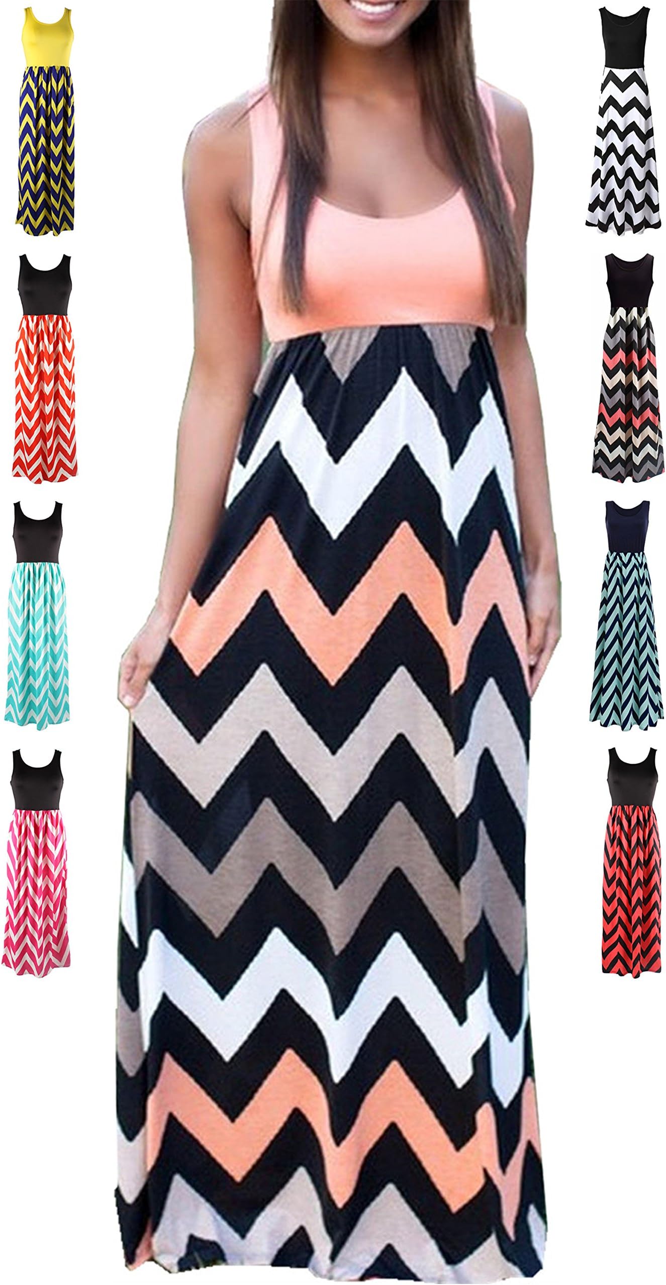 Women's Summer Maxi Dress Boho Loose Striped Floral Printed Casual Sleeveless Party Tank Long Dresses