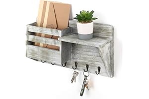 LIANTRAL Mail Sorter Wall Mount Mail & Key Holder Organizer with 3 Key Hooks, 1 Compartment, and Shelf(Rustic Gray)