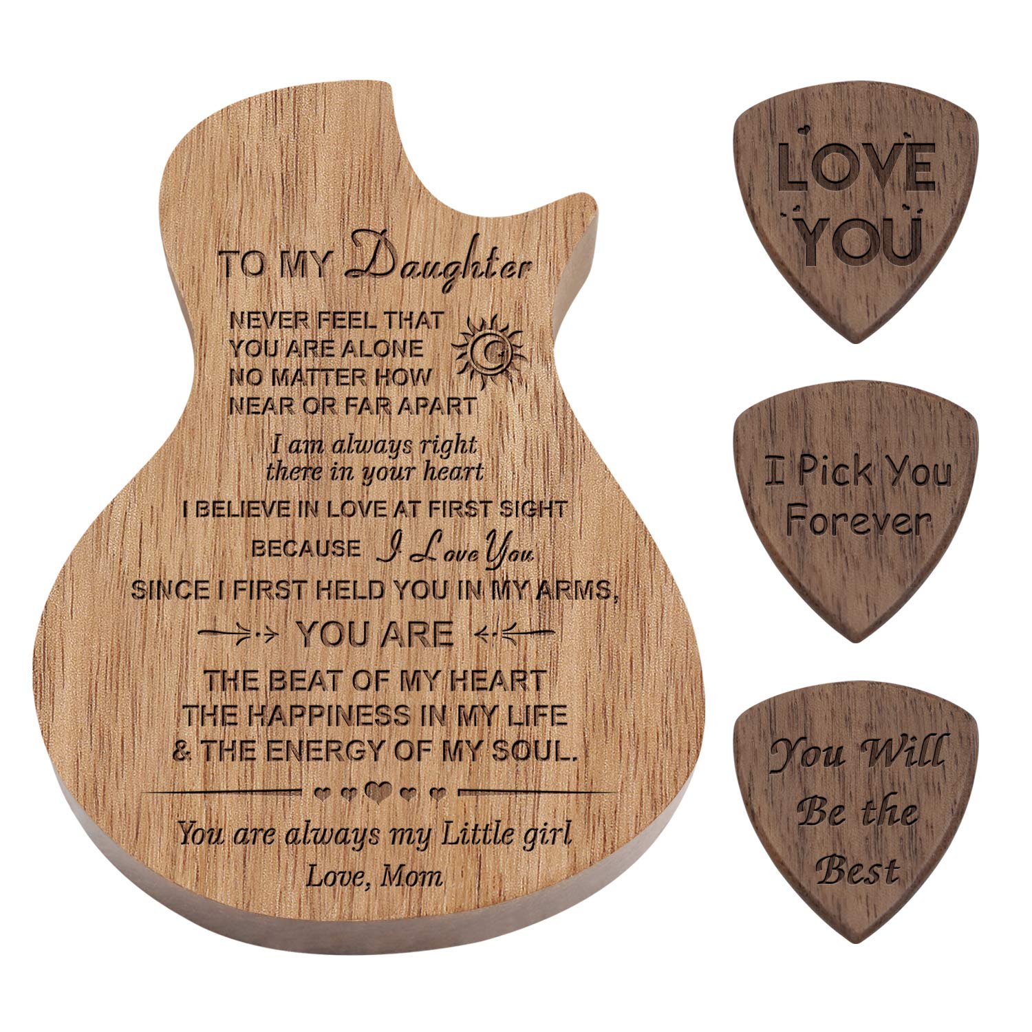 Engraved Wood Guitar Pick Box For Daughter, Birthday Gift For Son, Guitar Pick Box Holder with 3 Pack Wooden Guitar Picks, Graduation Wedding Gift For Daughter From Mom