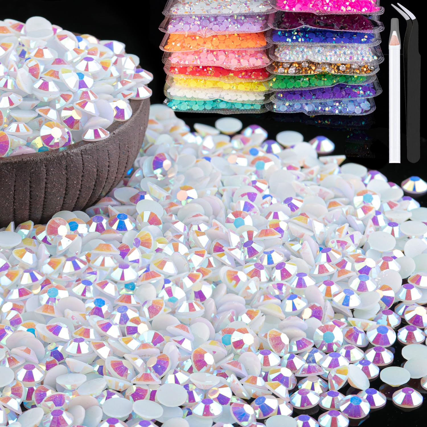 Photo 1 of 5000pcs 5mm Resin Rhinestones Bulk, White AB Flatback Round Jelly Rhinestones Bedazzling Non Hotfix Crystal Gems Large Quantity Wholesale for DIY Crafts Clothes Bottles Tumblers Face Makeup Manicure