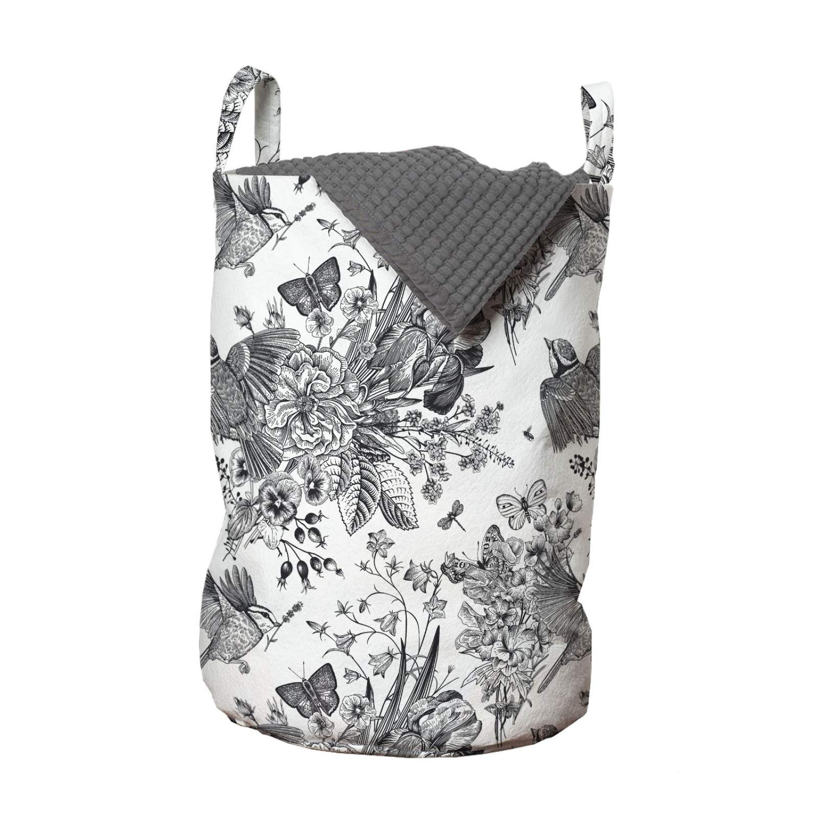 ABAKUHAUS Floral Laundry Bag, Detailed Engraving Look Spring Sketch Butterfly Flowers Leaves Print, Hamper Basket with Handles Drawstring Closure for Laundromats, 13" x 13" x 19", White Dark Grey