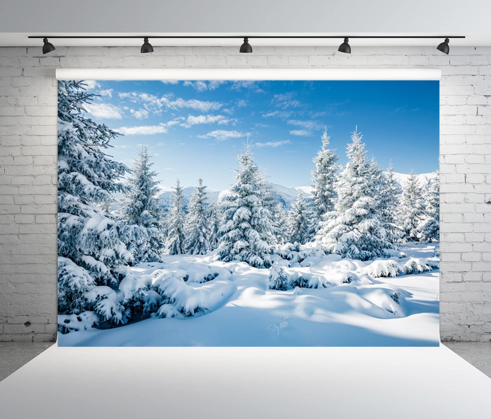 BELECO 3x2.5m Fabric Winter Snow Forest Backdrop White Xmas Trees Wintry Scene Alps Photography Background for Christmas New Year Event Party Decorations Banner Holiday Photo Background Photo Props