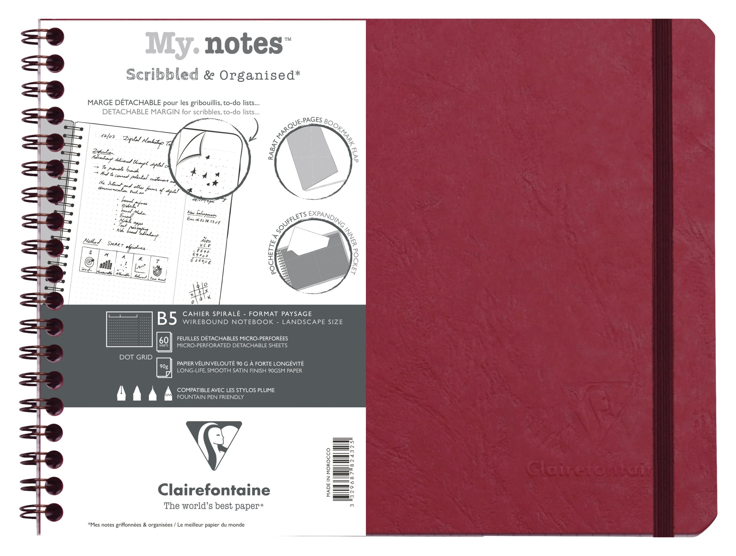 Clairefontaine 782432C Age Bag MyNotes Red Spiral Notebook w/ Margins - B5 25x19 cm - 120 Detachable Pages DOT - 90 gsm White Paper - Card Cover Leather Grain