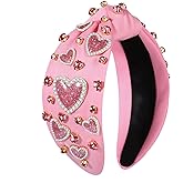 MOLOCH Valentine's Day Headband for Women Beaded Love Heart Knotted Headbands Jeweled Crystal Pink Top Knot Headband Galentine's Day Valentine's Day Hair Accessories Gifts