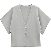 hathne Women's V Neck Short Sleeve Cardigan Sweater Button Down Ribbed Knit Tops