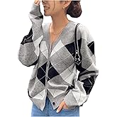 SHENHE Argyle Sweater Women Button Down Cardigan V Neck Knitted Cardigans Winter Sweater Outerwear