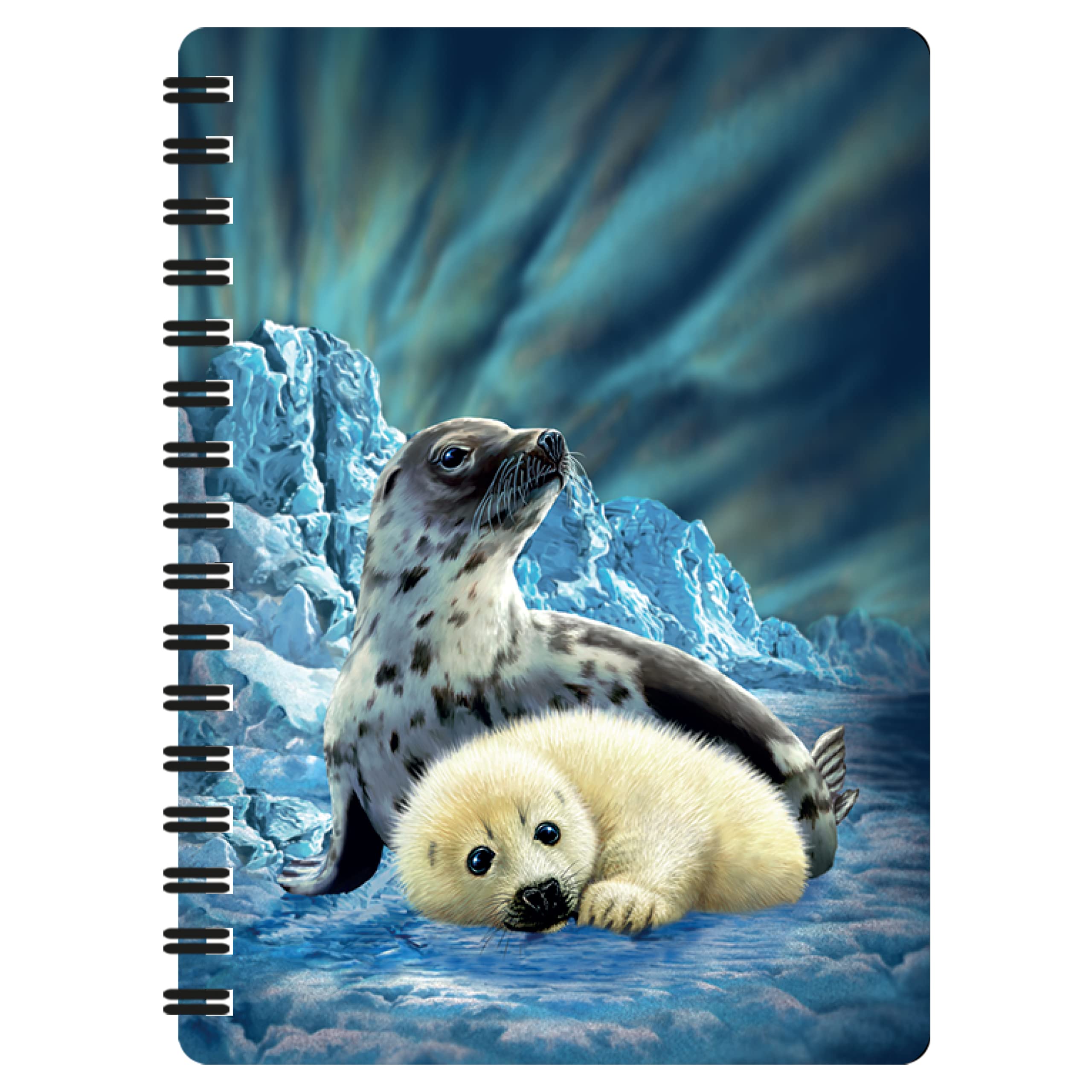 3D LiveLife Jotter - Harp Seals from Deluxebase. Lenticular 3D Ocean A6 Spiral Notebook with plain recycled paper pages. Artwork licensed from renowned artist Steven Michael Gardner