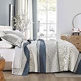 DDUOXIN 100% Cotton King Quilt - Modern Stripe Botanical Quilts with 2 Pillow Shams, Bedspread Reversible Lightweight Thin Comforter Bedding Set for All Seasons, Moonlight Blue/Gray/Off White
