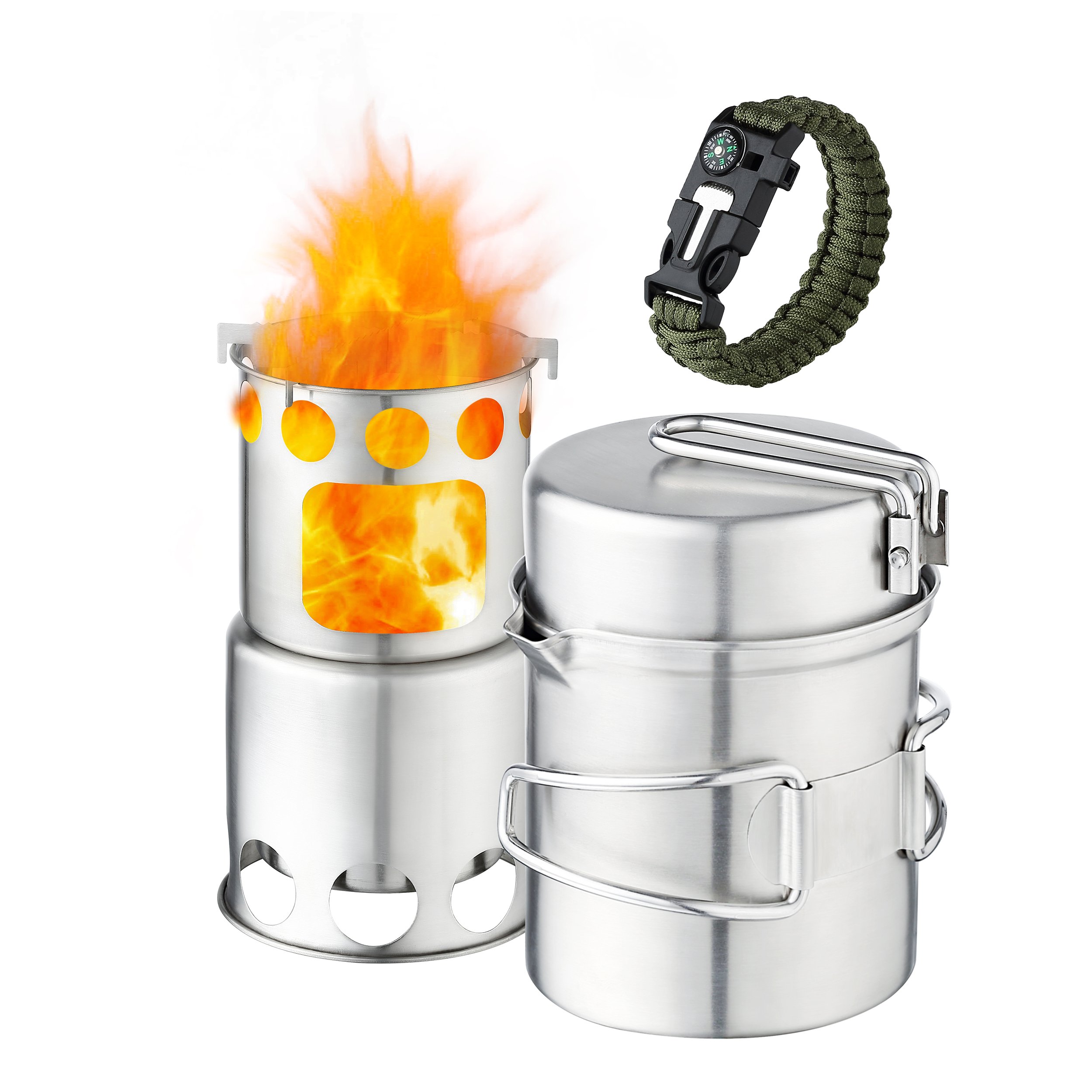 Qunlei 304 Stainless Steel Camping Cookware Set with Wood Stove