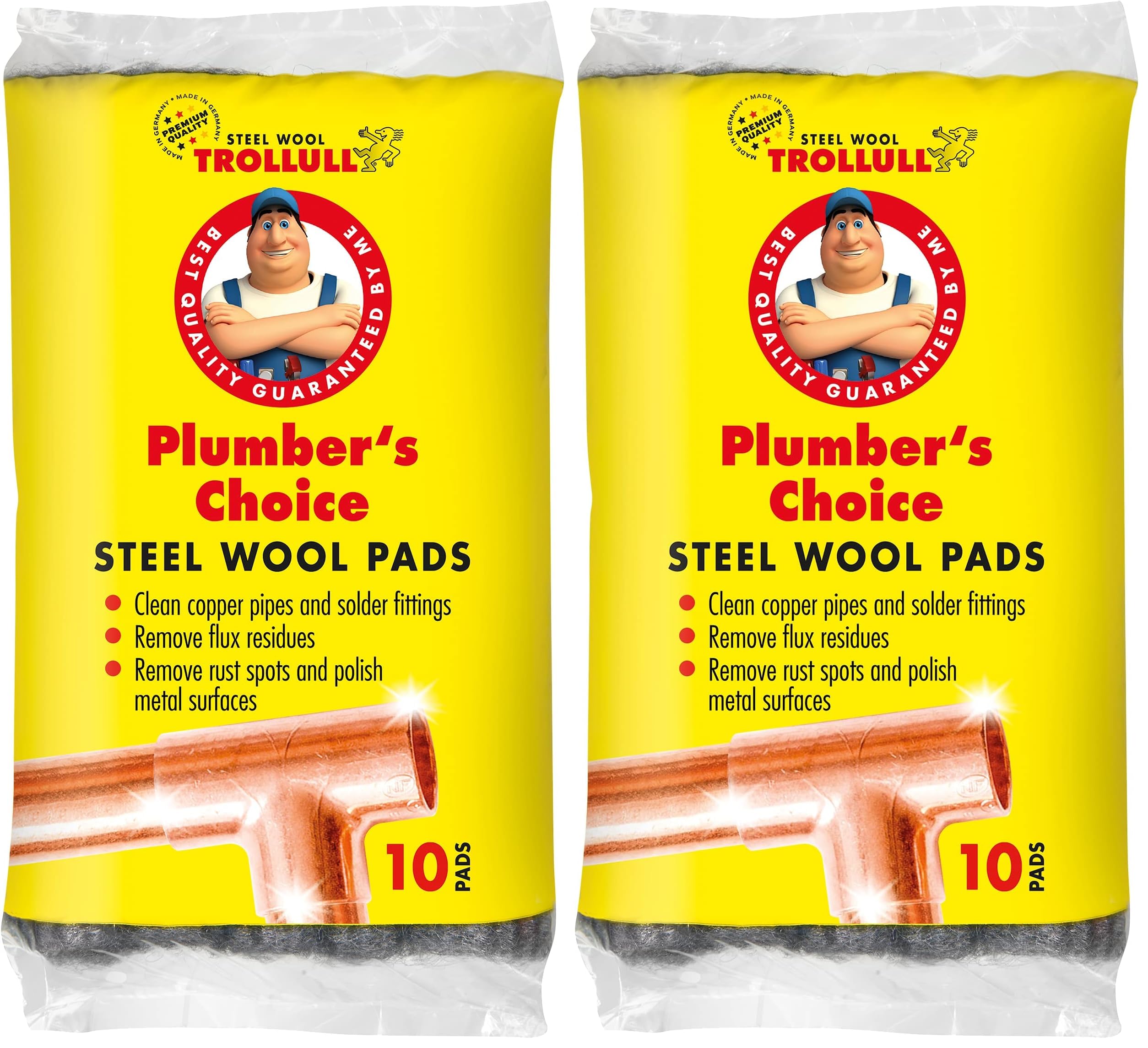 TROLLULL Steel Wool | Wire Wool Plumber’s Choice, clean copper pipes and fittings, brass and aluminium surfaces, removes surface rust, 10 pads (Pack of 2)