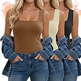 Velvelhall 3 Pack Women's Thermal Tank Tops, Fleece Lined Raw Hem Sleeveless Tops Camisole Warm Square Neck Base Layer Vest(Black, Cream, Caramel Color,Large)