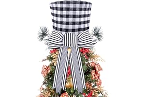 codree Christmas Tree Topper Hat - Black and White Buffalo Plaid Christmas Tree Top Hat w/Large Check Bow- Collapsible Tree Topper Ornament for Christmas Tree Decor