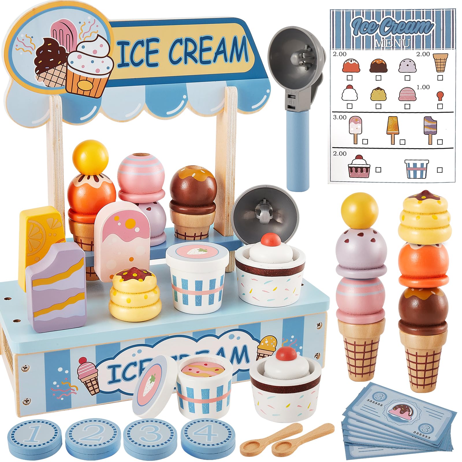 HERSITY Wooden Ice Cream Set for Kids, Ice Cream Parlour Role Play Kitchen Food Popsicle Toy Shop Toddlers Boys Girls Presents age 3 4 5, Blue