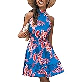 CUPSHE Women's Mini Dress Halter Floral Smocked Waist Ruffled A Line Sleeveless A Line Casual Summer Dresses