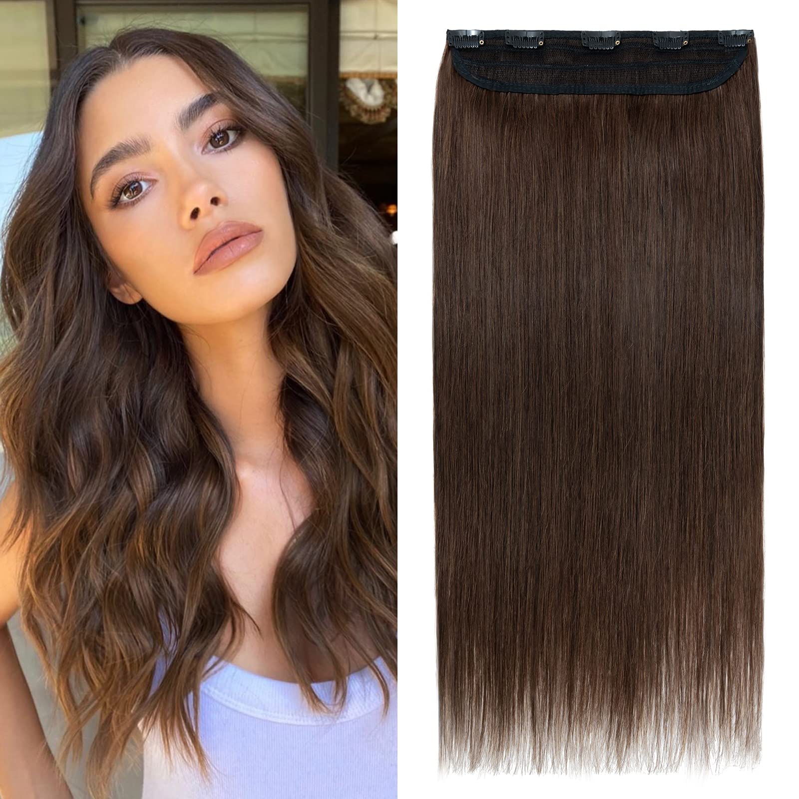 Remy Human Hair Clip in Real Hair Extensions One Piece Full Head 14inch-75g #04 Medium Brown Thick Straight