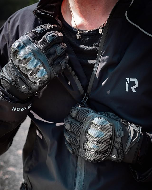 Motorradhandschuhe Herren Sommer Hartschale Kohlefaser atmungsaktiv Touchscreen weich für Motorradfahren Bergsteigen Wandern Schwarz-L