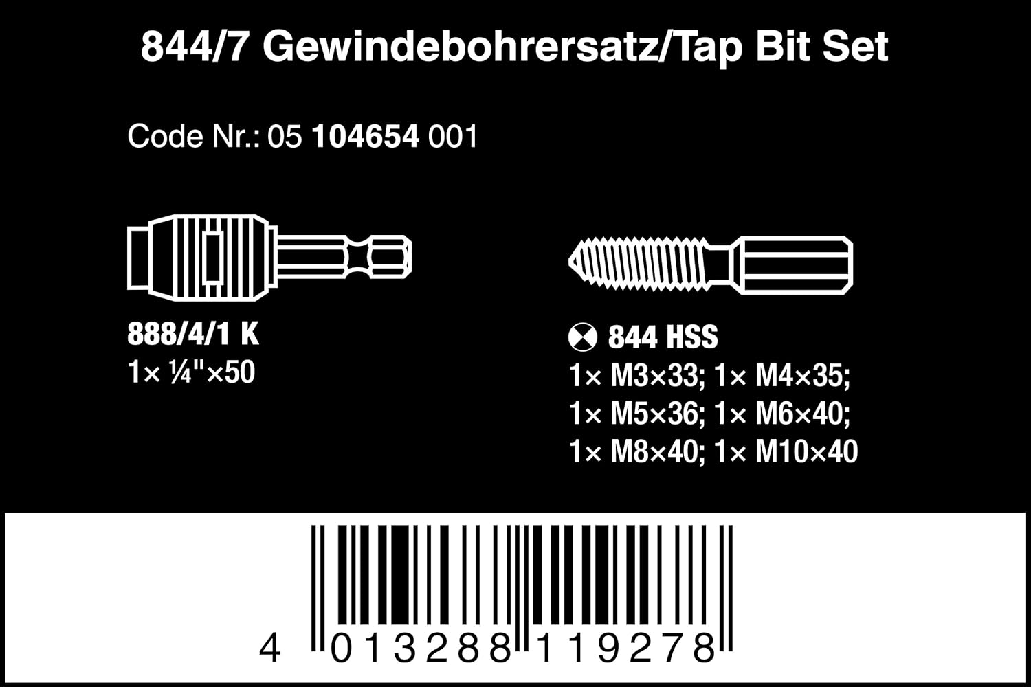 Wera 844/7 Taps Bit Set, 7pc, 05104654001, Silver, Variety Pack - Image 3