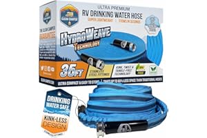 RV Fresh Water Drinking Hose 35' by Clean Camper- Kink Free Design | Non Leaching | Non Toxic | Stainless Steel Fittings | Du