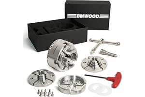 BMWOOD CK100/S2 3.75" 4-Jaw Key woodturning Chuck with four set jaws, Wood Screw, Two Nylon Rings in Black Box for wood lathe.