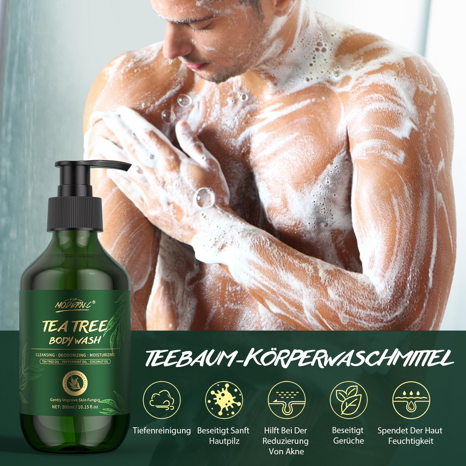 ‎Teebaum-Duschgel, Lindert Hautpilz, juckende Haut, Leistenflechte, Fußpilz, Ekzeme und Körpergeruch, Teebaum Körperwäsche mit Pfefferminzöl und Kokosöl, Duschgel mit Pumpe für Männer Frauen, 300 ml 2